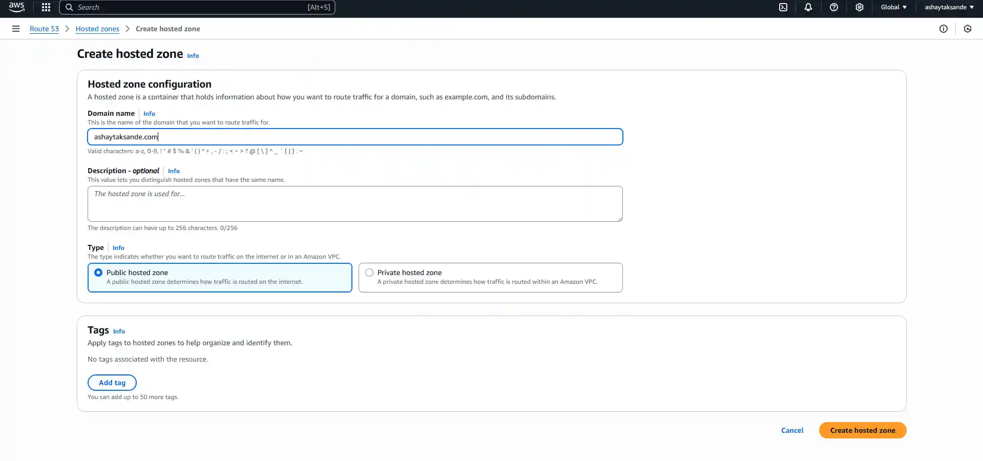 Create hosted zone form filled out with a sample domain name